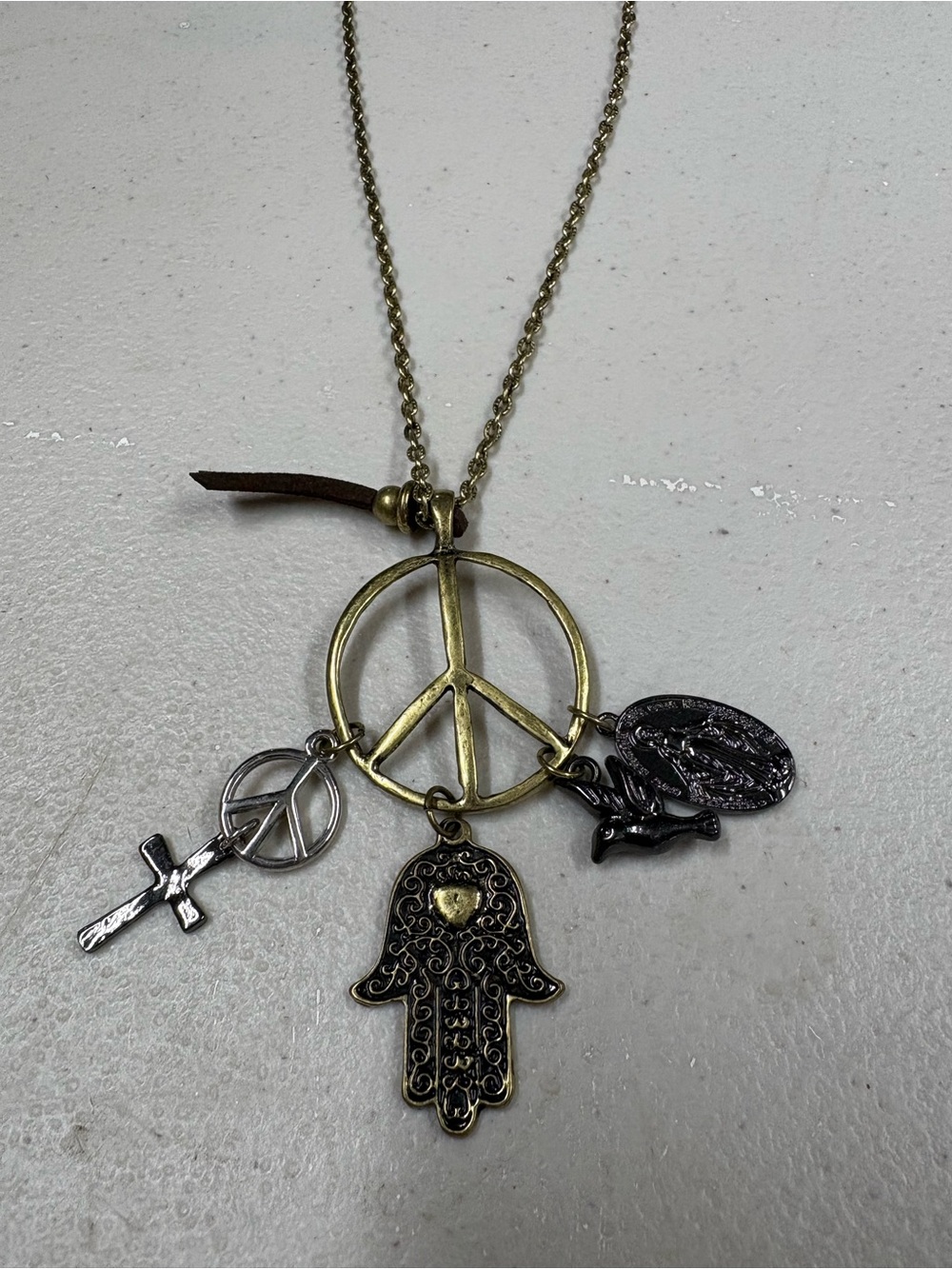 Mixed Metal Peace Sign & Hamsa Layered Charm Necklace - Two-Tone Gold and Silver